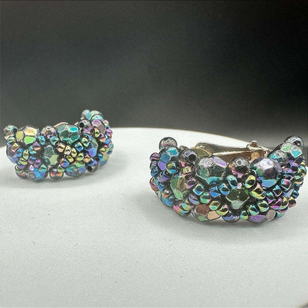 Vintage Iridescent AB Glass Black Bead Clip Earrings Half Hoop Costume Jewelry